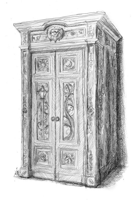 Wardrobe by Jef Murray Narnia Wardrobe Art, Narnia Wardrobe Tattoo, Narnia Wardrobe Drawing, Narnia Inspired Tattoos, Narnia Sketches, Lamppost Painting, Narnia Drawings, Narnia Classroom, Wardrobe Drawing