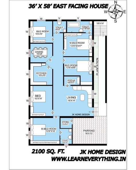 AutoCAD 2d drawing of east facing house containing four bedroom, Pooja room, hall, kitchen and dinning with colour diagram Five Bedroom House Plans Two Story, Five Bedroom House Plans One Story, Five Bedroom House Plans, Industrial House Plans, Five Bedroom House, Java Design, Smart House Plans, 800 Sq Ft House, 3 Bedroom Home Floor Plans