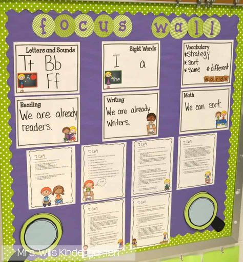 Focus wall in kindergarten Kindergarten First Week, Fall Kindergarten Activities, Kindergarten Organization, Focus Boards, Kindergarten Classroom Management, Math Writing, Learning Targets, Focus Wall, Fall Kindergarten