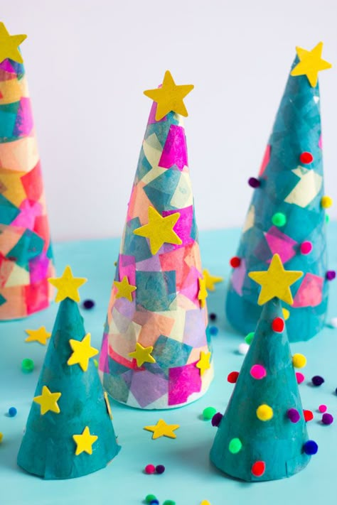 Turn foam cones into Christmas trees with tissue paper squares! #conetrees #christmastreecraft #christmascraft #foamconecraft #kidschristmascraft #modpodgecraft Tissue Paper Christmas Trees, Paper Christmas Trees, Cone Christmas Trees, Paper Christmas Tree, Christmas Tree Crafts, Preschool Christmas, Easy Christmas Crafts, Paper Christmas, Christmas Tree Design