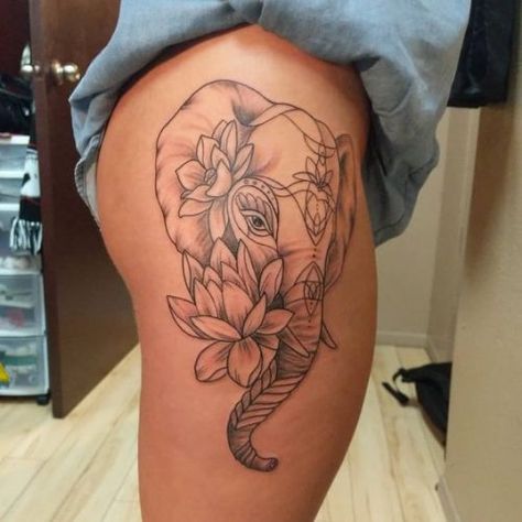 20 Elephant Tattoos on the Hip: Stylish and Feminine Designs Tattoos On The Hip, Elephant Art Tattoo, Feminine Tattoo Placement, Side Thigh Tattoos Women, Mandala Hip Tattoo, Elephant Thigh Tattoo, Girlfriend Tattoos, Flower Hip Tattoos, Upper Thigh Tattoos