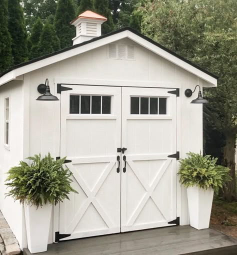 White Shed, Backyard Shed Landscaping, She Shed Exterior, Backyard Design Plans, Rochester Homes, Sheds Ideas Backyard, Greenwich House, Cottage Garden Sheds, Yard Sheds