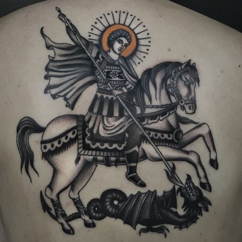 Image may contain: 1 person George Tattoo, Old School Sleeve, Saint Tattoo, Catholic Tattoos, Maori Tattoo Designs, Religious Tattoo, Religious Tattoos, Traditional Tattoo Art, Old Tattoos