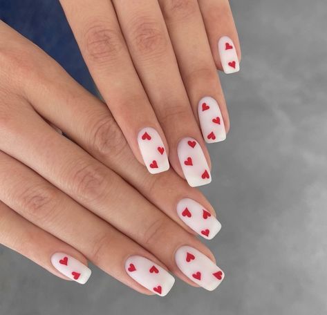 Red And White Nails, Cute Simple Nails, Nail Designs Valentines, Red Nail Designs, White Nail Designs, Short Nail Designs, Simple Nail Designs, Heart Nails, Valentine's Day Nails