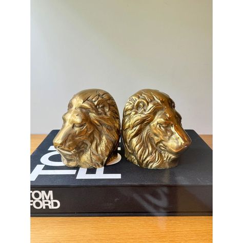 Impressive  pair of midcentury modern brass lion head bookends. Great detail with just the right amount of shine. Very heavy for their size. Bottom is lined with black velvet. Lion Bookends, Head Bookends, Thrift Wishlist, Lion Head, Midcentury Modern, Black Velvet, Bookends, Furniture Decor, Lion