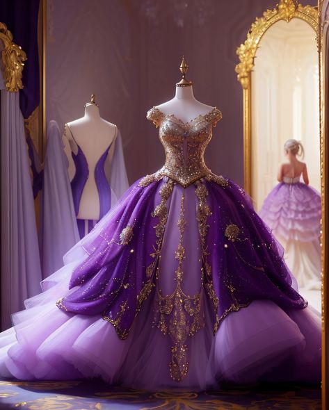 Purple And Gold Dress Gowns, Purple And Gold Wedding Dress, Gold Ball Gown Dress, Palace Room, Wedding Dress Display, Gold Ball Gown, Purple And Gold Wedding, Long White Hair, Purple And Gold Dress