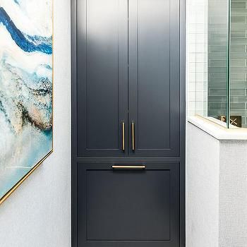 Floor to Ceiling Dark Blue Linen Cabinets with Brass Pulls Floor To Ceiling Cabinets Hallway, Bathroom Floor To Ceiling Cabinet, Floor To Ceiling Cabinets Bathroom, Floor To Ceiling Bathroom Cabinets, Built In Linen Closet Bathroom, Ivy Bedroom, Quatrefoil Mirror, Ceiling Cabinets, Light Cabinets