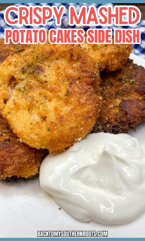 MASHED POTATO CAKES ON A WHITE PLATE WITH SOUR CREAM. Loaded Potato Cakes, Leftover Mashed Potatoes What To Do With, Reuse Mashed Potatoes, Oven Baked Mashed Potato Cakes, Potato Cakes From Mashed Potatoes, Potato Cakes From Mashed Potatoes Simple, Potatoe Cakes With Leftover Mashed Potatoes, Crispy Mashed Potato Cakes, Fried Mashed Potato Cakes