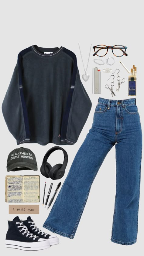 Comfy Reading Outfits, Painting Outfit Ideas, Music Major Outfits, Cute Outfits Winter Aesthetic, Outfit Inspo For School Casual, 90s Sweater Outfits, Cute Retro Outfits, Vintage Crewneck Outfit, Outfit Inspo Pants