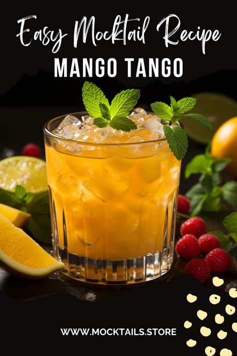 Mango Tango Mocktail Halal Mocktails, Mango Tango Drink Recipes, Mango Mocktail Recipe, Tea Mocktail Drink Recipes, Mango Tango Drink, Mango Mocktail, Hibiscus Drink, Easy Mocktail Recipes, Mocktail Drinks