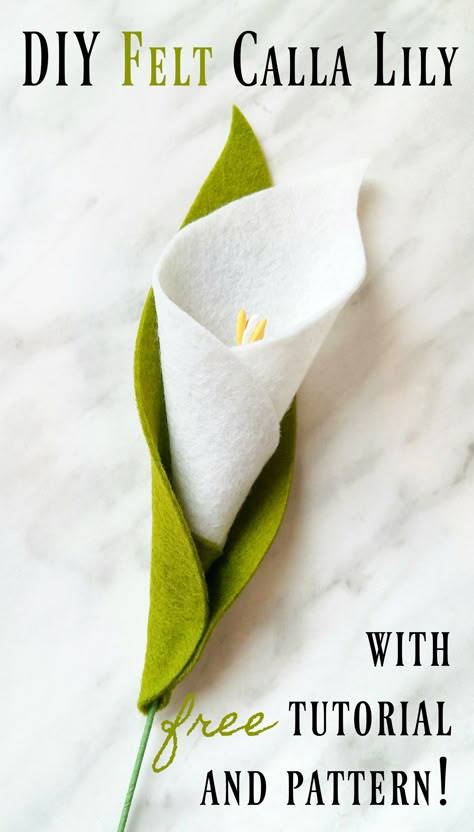 DIY Felt Calla Lily Tutorial and Free Pattern! Felt Lily, Felt Flower Template, Felt Flowers Patterns, Felt Flower Tutorial, Felt Flowers Diy, Diy Flores, Fleurs Diy, Felt Crafts Diy, Diy Felt