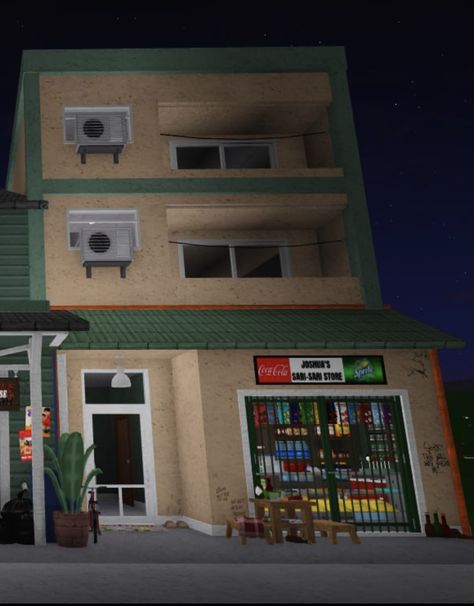 Bloxburg Tiny Apartment, Convience Store Bloxburg, Bloxburg Street Ideas, Bloxburg Poor House, Roblox Apartment Layouts, Apartment Bloxburg Exterior, Street Bloxburg, Bloxburg Alleyway, Bloxburg Autumn House Layout