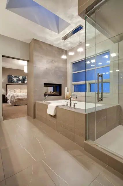 19 Astonishing & Cozy Bathrooms Design Ideas With Fireplace Tub With Fireplace And Tv, Master Bath With Fireplace And Tv, Master Bath With Electric Fireplace, Bathrooms With Fireplaces, Master Bath With Fireplace, Bath With Fireplace, Bathroom With Fireplace, Fireplace In Bathroom, Cozy Bathrooms