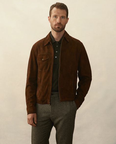 SUEDE RACER BOMBER – Billy Reid Shade Of Brown, Stylish Mens Suits, Billy Reid, Suede Blazer, Unique Jackets, Stylish Mens Outfits, Gentleman Style, Suede Jacket, Outerwear Jackets