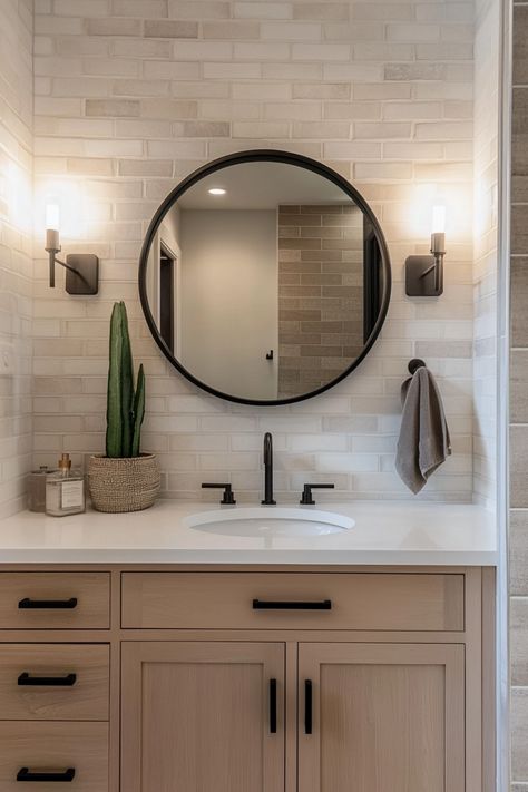 Get inspired by this modern guest bathroom that beautifully blends rustic and farmhouse vibes. Perfect for a tiny powder room or downstairs bathroom, this space shows how small rooms can make a big impact. With sleek black fixtures and wood accents, the furniture adds to the charm of this bathroom cottage design. Whether you're planning a remodel or redesign, this calming washroom offers the perfect balance of style and functionality for any house. Small Bathroom Ideas With Black Accents, Bathroom Decor With Shiplap, Mens Half Bathroom Ideas, Bathroom Remodel With Black Fixtures, Guest Bathroom Before And After, Half Bathroom Modern Farmhouse, Modern Beach Cottage Bathroom, Small Basement Powder Room, Grey White Black Bathroom Ideas