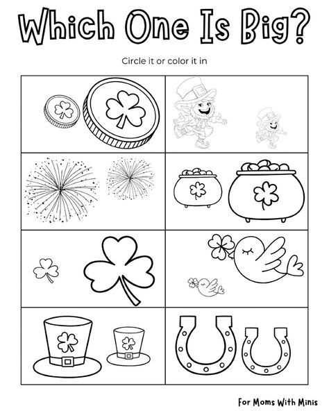 Kids will enjoy identifying and circling the larger objects in each pair on this page. Featuring coins, clovers, hats, and more, this activity is great for teaching comparison and size recognition. It's an easy yet educational way to build critical thinking and observation skills. St. Patrick's Day Activities, St Patrick’s Day Activities For Preschool, March Activities For Toddlers, St Patricks Day Preschool Activities, St Patricks Day Preschool, Preschool Workbooks, St Patricks Day Crafts, St Patricks Day Crafts For Kids, March Activities