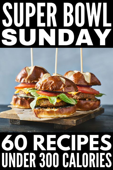 60 Healthy Super Bowl Snacks Under 300 Calories | Contrary to popular belief, you can still enjoy game day without ruining your clean eating goals! From easy appetizers to delicious desserts, we've curated the best low calorie super bowl party food recipes that are guaranteed to hit the spot! Whether you're on a low carb keto diet, need gluten free options, or you're strictly vegan or vegetarian, this post has tons of options that will hit the spot! Low Cal Superbowl Snacks, Low Calorie Superbowl Food, Low Calorie Game Day Food, Super Bowl Party Food Recipes, Healthy Super Bowl Snacks, Vegetarian Super Bowl, Low Calorie Appetizers, Recipes Under 300 Calories, Healthy Super Bowl