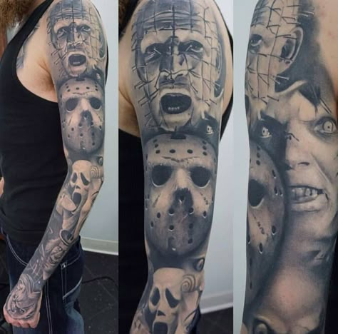 Horror sleeve one ideas Horror Movie Tattoos Leg Sleeve, Horror Leg Sleeve, Horror Sleeve, Horror Movie Tattoos Sleeve, Horror Sleeve Tattoo, Horror Movie Tattoos Ideas, Movie Character Tattoos, Halloween Tattoos Sleeve, Horror Movie Tattoos