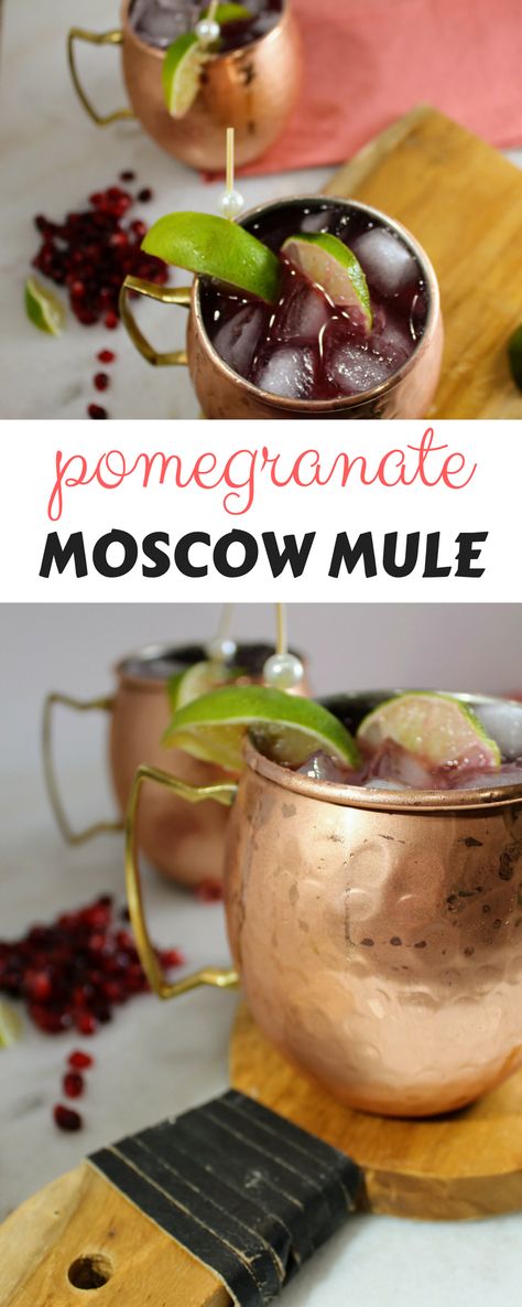 POMEGRANATE MOSCOW MULE - the perfect holiday drink! Pomegranate Mule Holiday Cocktails, Pomegranate Mixed Drink, Pomegranate Mule Recipe, Pomegranate Alcohol Drink, Pomogranette Cocktail, Holiday Mules Cocktail Recipes, Pomegranate Liqueur Cocktails, Holiday Mule Cocktail, Cabin Cocktails