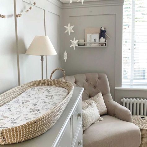 #babyroom #nurseryideas #nurseryroom #nurserydecor Nursery Changing Basket, Wicker Changing Table Basket, Cosy Nursery Ideas, Tiny Nursery Layout, Changing Basket On Dresser, Small Baby Rooms, Panelling Nursery, Boy Nursery Changing Table, Box Room Nursery Ideas