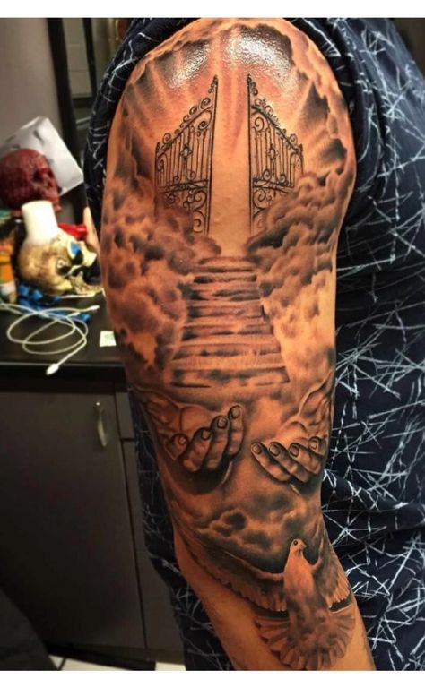 God Arm Sleeve Tattoo, Leg Cloud Tattoo, Full Sleeve Memorial Tattoo, Tattoos With Clouds For Men, Mens Rib Tattoo Ideas Unique, Memorial Leg Tattoos For Men, He Who Hesitates Is Lost Tattoo, Heaven Vs Hell Tattoo Sleeve, Religious Shoulder Tattoo Men