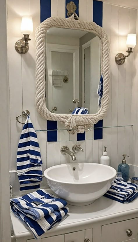 Sailor Bathroom Decor, Lighthouse Bathroom Ideas, Nautical Decor Bathroom, Nautical Interior Design, Nautical Bathroom Design Ideas, Beachy Bathroom, Nautical Interior, Nautical Chic, Beach House Bathroom