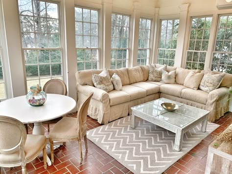 Sunroom With Dining Table And Sitting Area, Sectional Sunroom, Sunroom With Dining Table And Sofa, Long Sunroom Ideas, Sectional In Sunroom, 4 Season Room Playroom, 4 Seasons Room Furniture, Sunroom Sectional, Sunroom Couch