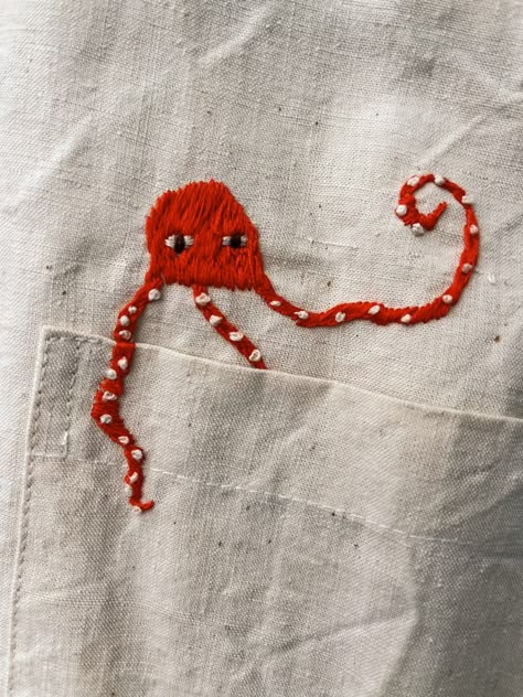 Hand embroidered octopus, unique design, wearable art Embroidery Onto Clothes, Simple Fish Embroidery, Easy Beginner Embroidery Pattern, Edgy Embroidery Designs, Embroidery T Shirt Ideas, Clothing Embroidery Ideas, T Shirt Embroidery Ideas, Modern Embroidery Ideas, Hand Embroidery On Clothes