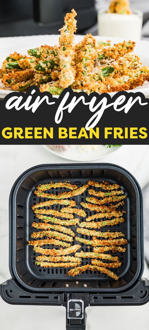 Crispy green bean fries are healthier now that we can make them in the air fryer! Spicy Fried Green Beans Air Fryer, Green Bean Casserole In Air Fryer, Fried Green Beans Air Fryer, Crispy Green Beans Air Fryer, Green Bean Recipes Air Fryer, Air Fry Green Beans, Fresh Greenbeans, Parmesan Crusted Green Beans, Green Bean Fries