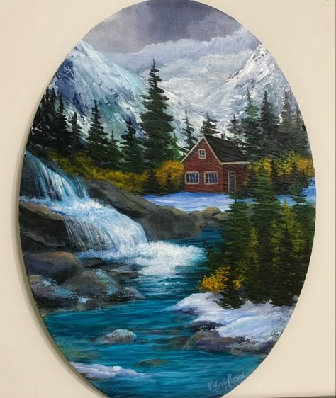 Cottage, river, mountains, Ideas For Round Canvas, Painting On Oval Canvas, Acrylic Painting On Round Canvas, Round Acrylic Painting, Oval Canvas Painting Ideas Easy, Oval Painting Ideas, Oval Paintings Canvas, Oval Canvas Painting Ideas, Oval Canvas Painting