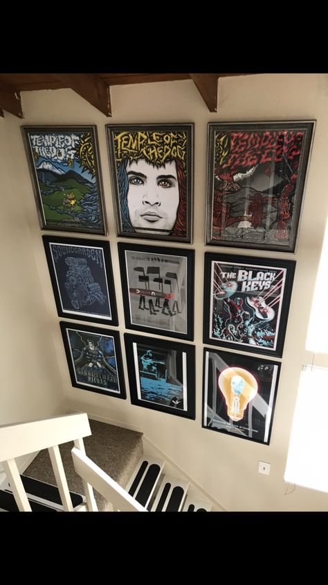 Concert Poster Display, Record Area, Concert Wall, Movie Poster Wall Decor, Vinyl Record Room, Stairway Gallery, Stairway Gallery Wall, Record Room, Concert Ideas