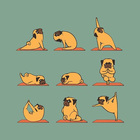 "Pug Yoga" Posters by Huebucket | Redbubble Dog Illustration Art, 달력 디자인, Dog Yoga, Yoga Design, Yoga Travel, Dog Poster, Dog Illustration, Huebucket, Cute Chibi