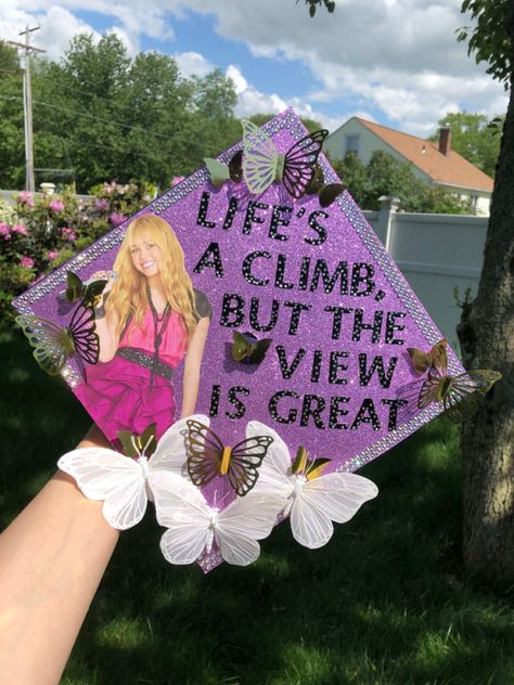 Life’s A Climb But The View Is Great, Graduation Cap Designs High School Musical, Jersey Shore Graduation Caps, Graduation Cap Designs Hannah Montana, Hannah Montana Grad Cap, Graduation Cap 2023, One Tree Hill Graduation Cap, Album Cover Grad Cap, Hannah Montana Party Decorations