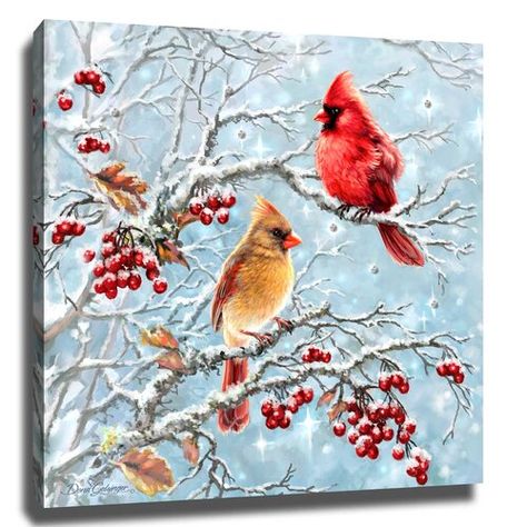 Trinx Yanitza Bereavement Cardinal's Song On MDF Print | Wayfair Cardinal Painting Acrylic, Birch Tree Drawing, Red Cardinal Painting, Winter Cardinals, Dona Gelsinger, Winter Romance, Cardinal Painting, Winter Cardinal, Crystals Print