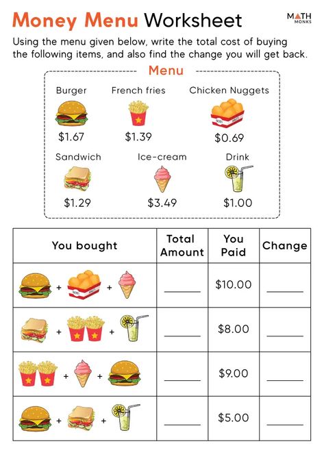 Menu Math, Money Math Worksheets, Free Printable Menu, Money Word Problems, Maths Worksheet, Tracing Alphabet, Money Printables, Restaurant Order, Money Math