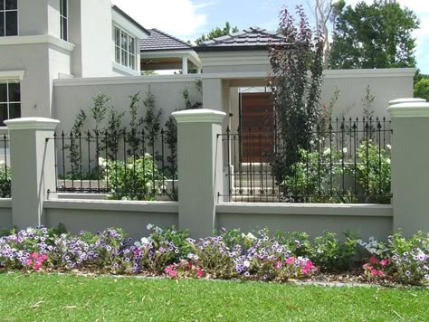 stucco and wrought iron fences - Google Search | fencing ... Black Iron Fence, House Fence Design, Cheap Fence, Concrete Fence, Front Fence, Brick Fence, Lattice Fence, Front Yard Fence, Wrought Iron Fences