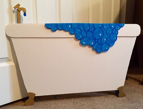 Foam board bath tub prop Bathtub Prop Diy, Cardboard Props Backdrops, Bath Tub Costume, Bath Tub Trunk Or Treat, Trunk Or Treat Bathtub, Bathtub Trunk Or Treat, Foam Props Diy, Cardboard Bathtub, Bubble Bath Trunk Or Treat