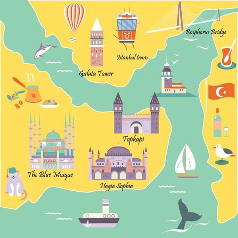 Tourist map with famous destinations and... | Premium Vector #Freepik #vector #background #travel #city #summer Istanbul Tourist Map, Istanbul Turkey Map, Draw Map, Istanbul Tourism, Istanbul Map, Turkey Map, Travel Istanbul, City Summer, Istanbul Travel