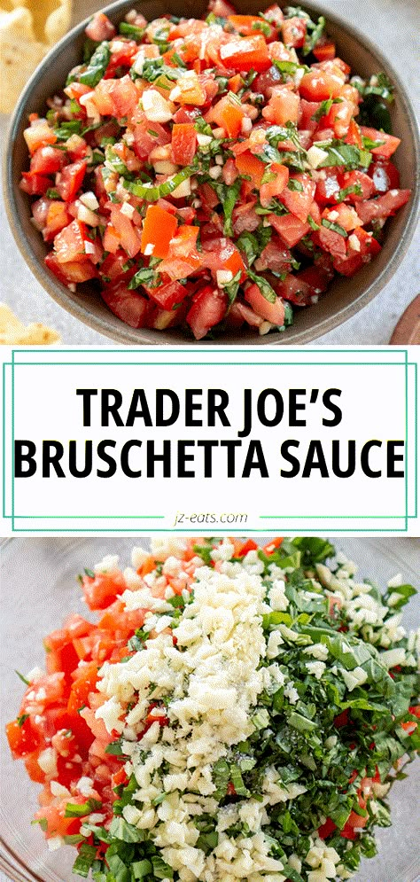 bruschetta sauce in a bowl Trader Joe Bruschetta, Trader Joe’s Bruchetta, Bruschetta Lunch Ideas, Trader Joe’s Bruschetta Pasta, Bruschetta Sauce Recipe, Bruschetta Trader Joes, Bruschetta Topping Recipe, Pesto Bruschetta Recipe, Trader Joe’s Bruschetta Sauce