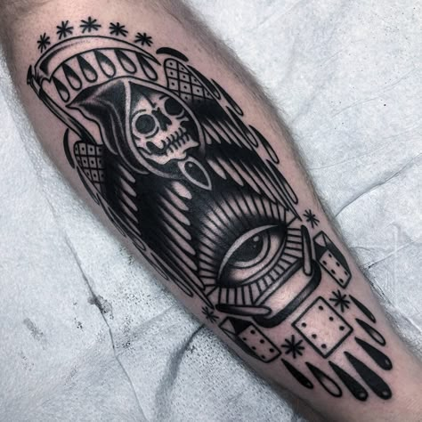 Shin American Traditional Tattoo, Shin Tattoo American Traditional, Trad Shin Tattoo, Black Traditional Tattoo Old School Leg, Traditional Shin Tattoo, Grim Reaper American Traditional, Tattoo Mistakes, Shin Tattoo, Nerd Tattoo