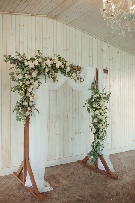 Arch Decoration Wedding Greenery, Floral Greenery Wedding, Sage Green Wedding Ceremony Arch, Arbor With White Flowers And Greenery, Square Arch Decor, White Flower Arbor Wedding, Wedding Arch Eucalyptus Garland, Rustic Wedding White Flowers, Wedding Decor Ideas Greenery