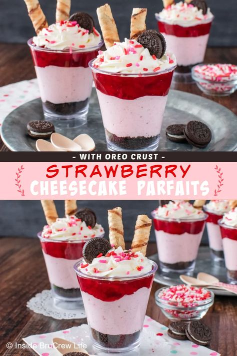 These Strawberry Cheesecake Parfaits are a pretty dessert for any occasion. Layers of Oreo cookies, no bake cheesecake, and strawberry pie filling make this an easy dessert that everyone will love. They are so easy to make, so you can have them ready in minutes. Strawberry Cheesecake Parfait, Strawberry Cheesecake Parfaits, Cookies No Bake, Strawberry Cheesecake Cookies, Dessert Shooters Recipes, Cheesecake Parfait, No Bake Strawberry Cheesecake, Dessert Cups Recipes, Mason Jar Desserts