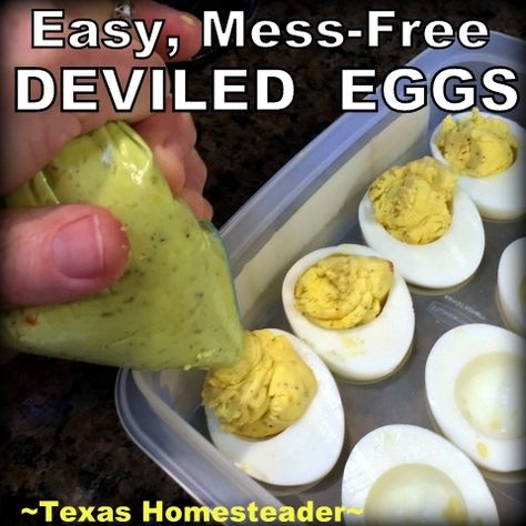 Homestead Hack: Easier Deviled Eggs - No Mess! Pear Relish, Homestead Hacks, Peeling Boiled Eggs, Egg Hacks, Deviled Eggs Easy, Country Recipes, Thrifty Thursday, Homemade Mayonnaise, Deviled Eggs Recipe