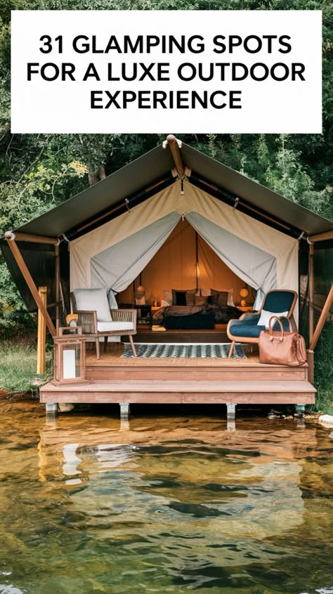 Want to camp in style? These 31 luxury destinations offer the best of both worlds. Pin this now for your next glamping adventure! Camping Beach Aesthetic, Backyard Glamping Ideas, Bali Glamping, Luxury Glamping Ideas, Camping Airbnb, Glamping Tent Ideas, Trailer Airbnb, Forest Glamping, Glamping Aesthetic