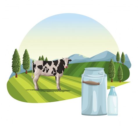 Vector farm milk natural | Premium Vector #Freepik #vector #milk-farm #cow-milk #dairy-farm #ranch Milk Illustration Graphic Design, Cow Background Aesthetic, Dairy Farm Logo, Dairy Farm Design, Dairy Products Logo, Milk Images, Cow Food, Milk Advertising, Cow Vector