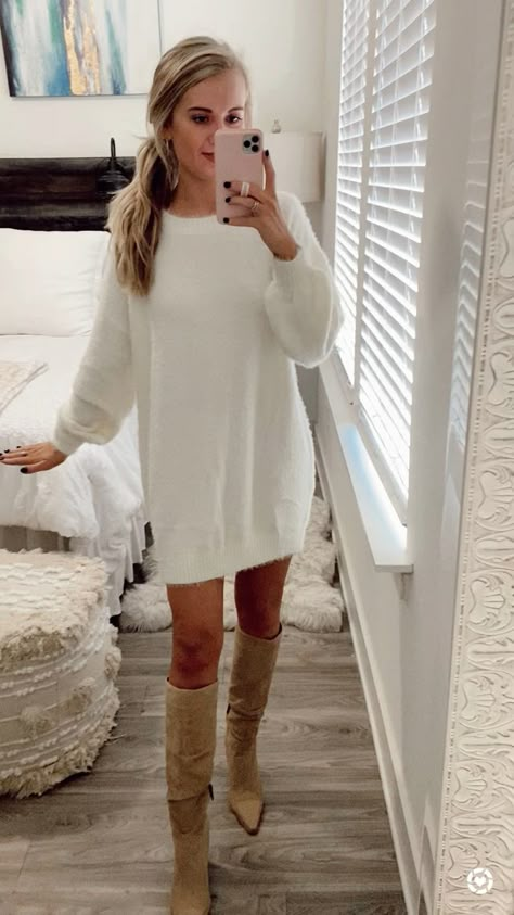 White Dress In Fall Outfit, White Dress In Winter Outfit, Sweater Dress Knee High Boots, Amazon Sweater Dress, Sweater Dress Family Pictures, Bachelorette Outfits Winter, Engagement Party Outfit Winter, Christmas Sweater Dress Outfit, Winter Elopement Outfit