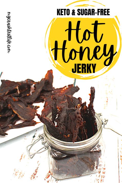 This sweet heat Keto Hot Honey homemade beef jerky recipe is the perfect balance between sweet and spicy. Super easy to make and no need for any special equipment. Using either an Air Fryer, Oven or Dehydrator, you can easily make healthy jerky at home for only a fraction of the price of store-bought jerky. Add the taste of hot honey to the jerky and you will be out of this world amazed as to just how good homemade jerky can be! Hot Beef Jerky Recipe, Turkey Jerky Recipe Dehydrator, Sweet And Spicy Beef Jerky Recipe, Keto Beef Jerky Recipe, Dehydrator Jerky, Spicy Beef Jerky Recipe, Homemade Beef Jerky Recipe, Jerky Recipes Dehydrator, Jerky Marinade