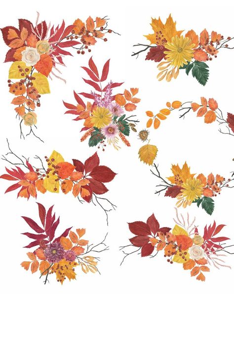 Flowers Drawing Watercolor, Composition Watercolor, Leaves Composition, Fall Leaves Drawing, Painting Clipart, Crown Illustration, Autumn Tattoo, Fall Drawings, Autumn Leaves Art