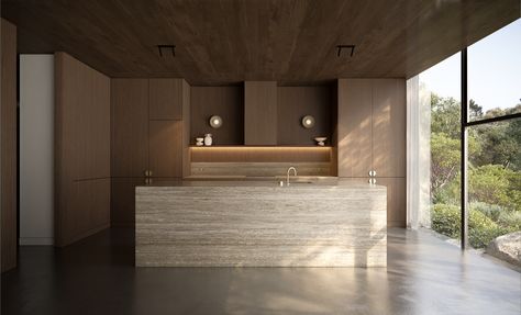 The burnished concrete floors and walls provide a sleek and minimalist look, while the silver travertine adds warmth and texture. The spotted gum, a locally sourced timber, adds a sense of warmth and connection to the surrounding landscape. The use of these materials creates a harmonious balance between the natural and the modern, making the house a unique and memorable experience.Design x Vincent Jarvis Studio Render x MF Studio www.mfstudios.com.au Burnished Concrete Floor, Burnished Concrete, Residential Commercial Building, Silver Travertine, Travertine Floors, Commercial Building, Passive House, Building Projects, An Architect