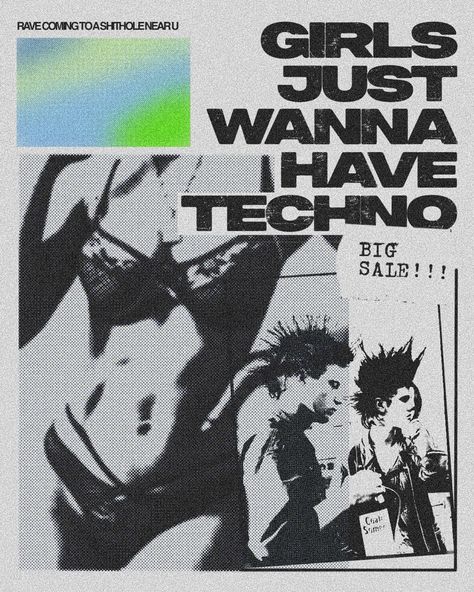 Instagram @0artmore Techno Girl, Techno Rave Aesthetic, Dark Techno Aesthetic, 2000s Rave Poster, Techno Music Poster, Old Rave Posters, Rave Art, Big Sale, Design Inspiration